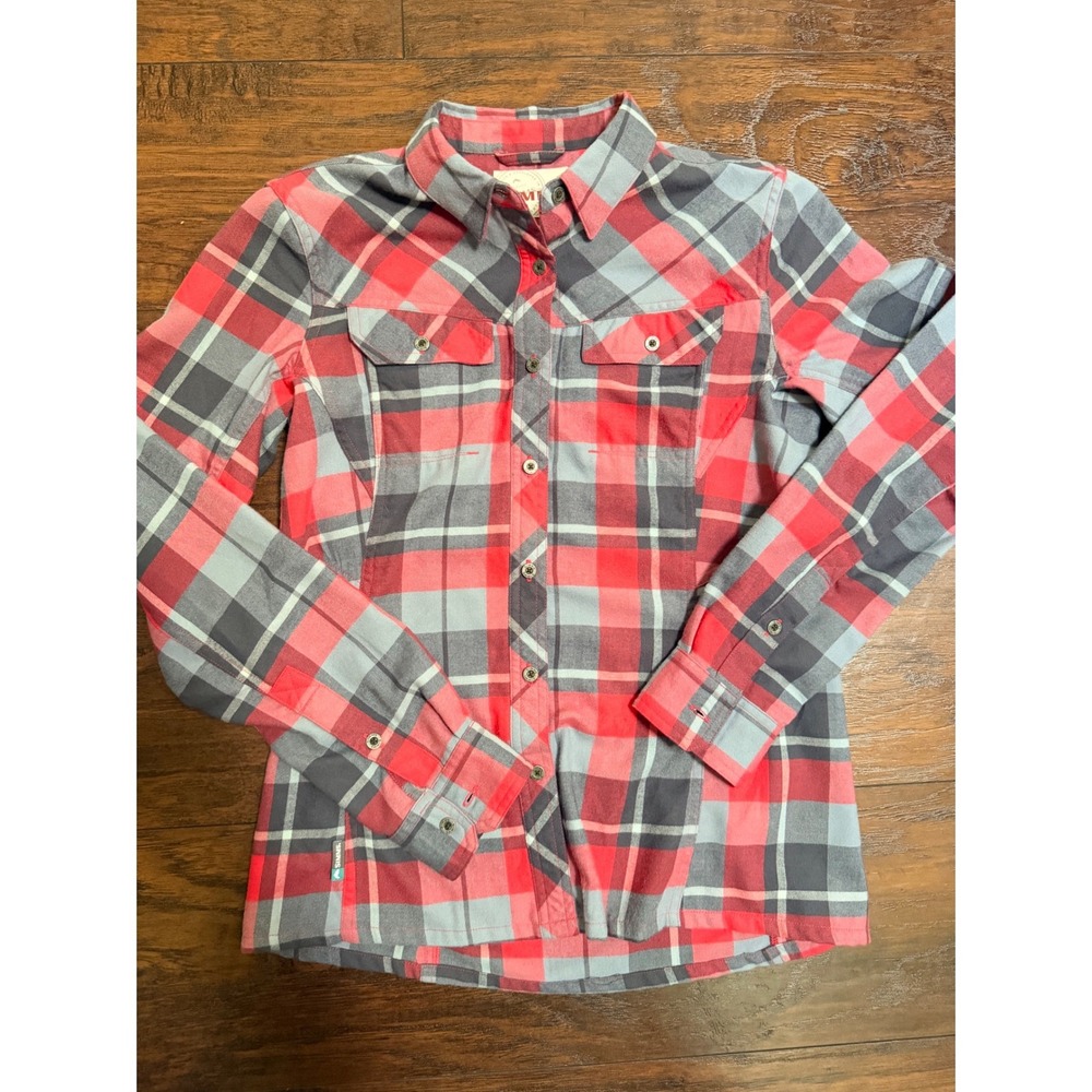 Simms Mens Small Red Grey Plaid Wool Blend Flannel Button Down Shirt Long Sleeve